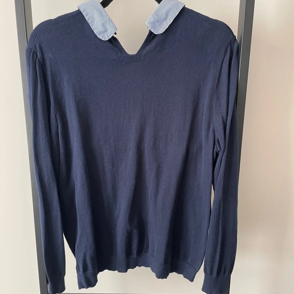 J. Crew Navy Sweater with Striped Collar - Picture 2 of 3